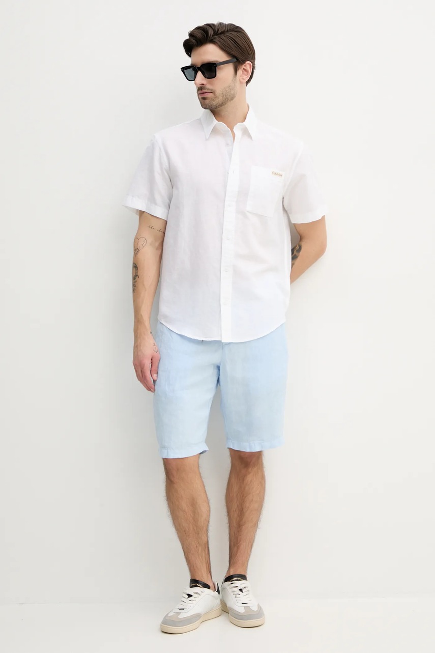 Льняная рубашка Calvin Klein Jeans мужская цвет белый regular классический воротник J30J327296 Льняная рубашка Calvin Klein Jeans мужская цвет белый regular классический воротник J30J327296