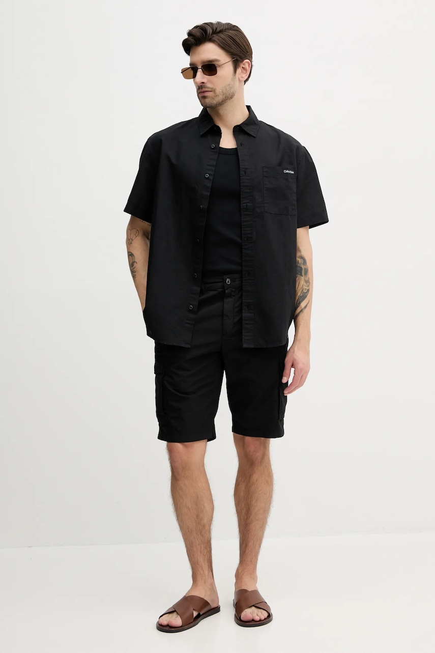 Льняная рубашка Calvin Klein Jeans мужская цвет чёрный regular классический воротник J30J327296 Льняная рубашка Calvin Klein Jeans мужская цвет чёрный regular классический воротник J30J327296