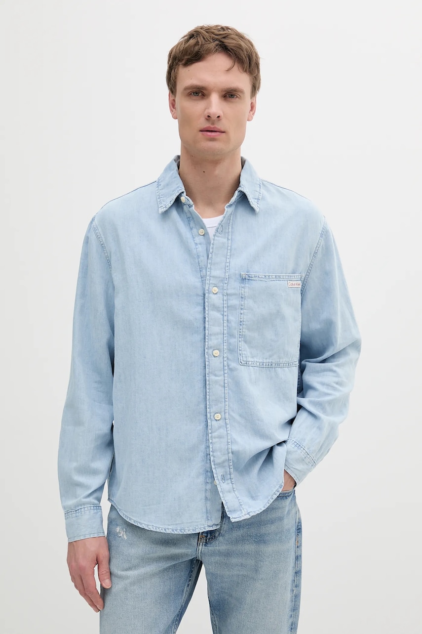 Levně Košile Calvin Klein Jeans pánská, modrá barva, relaxed, s klasickým límcem, J30J327508