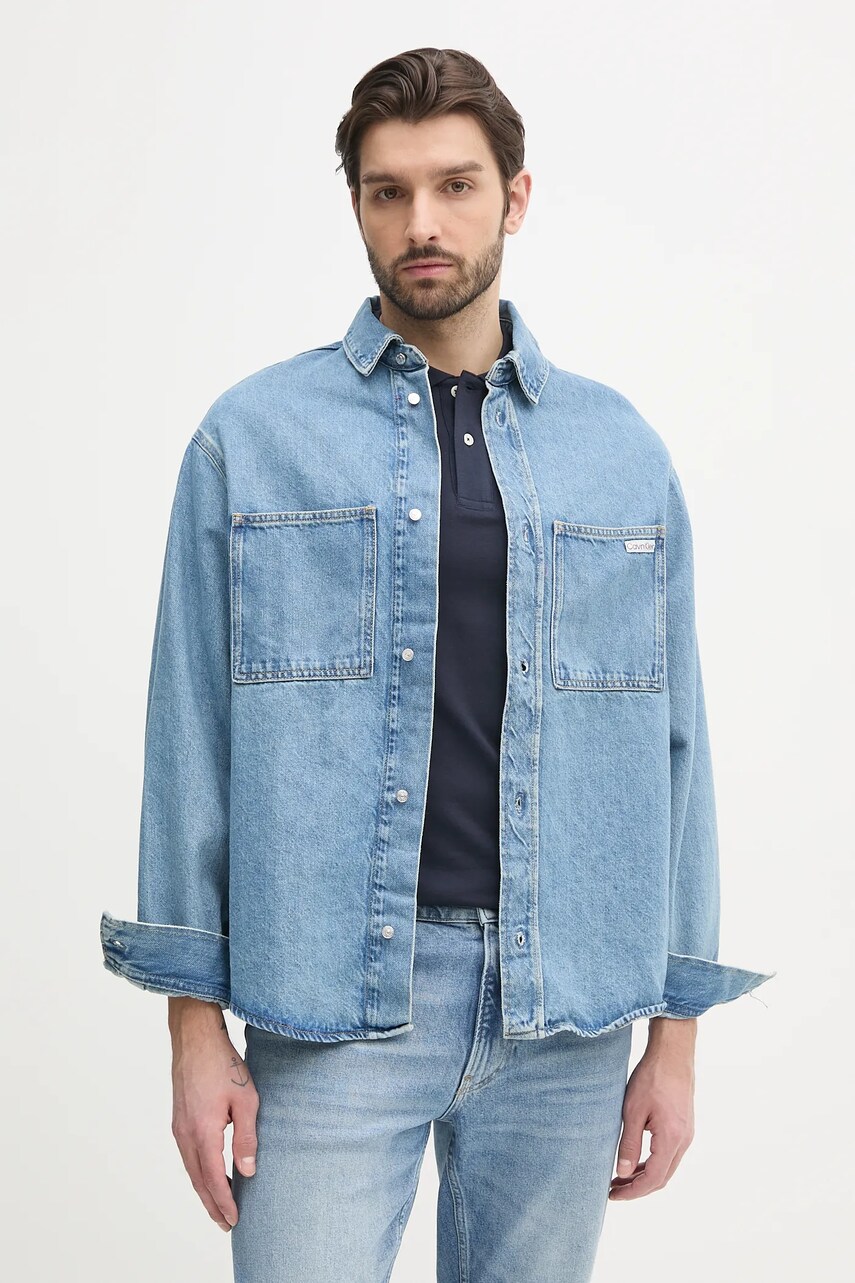 Levně Džínová košile Calvin Klein Jeans pánská, modrá barva, relaxed, s klasickým límcem, J30J327511