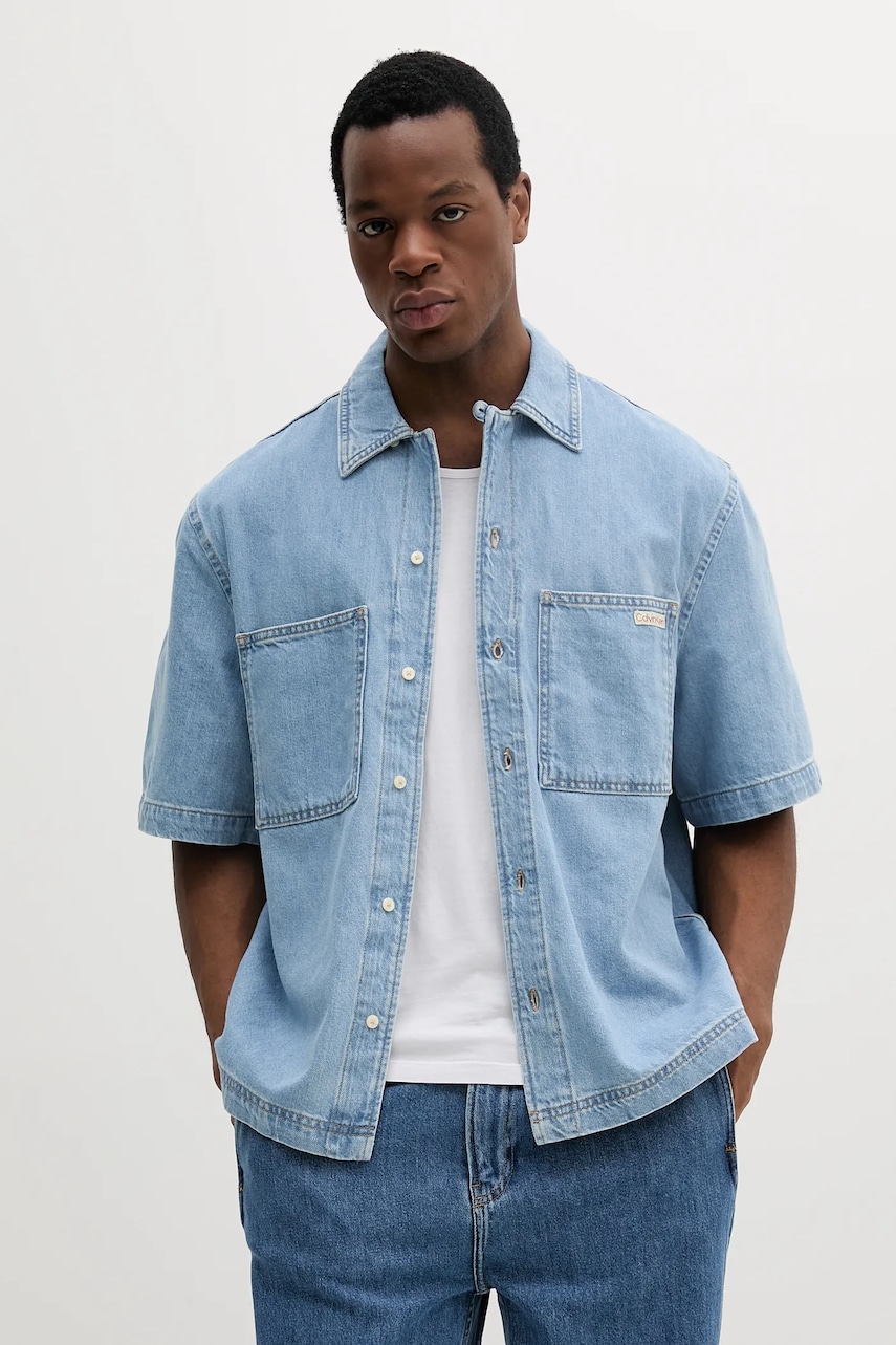 Levně Džínová košile Calvin Klein Jeans pánská, modrá barva, relaxed, s klasickým límcem, J30J327512