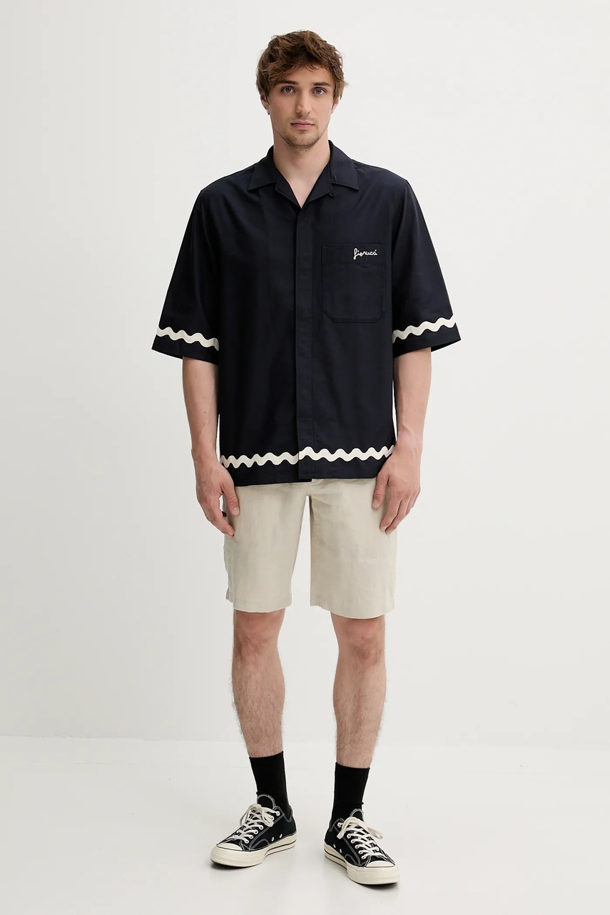 Хлопковая рубашка Fiorucci Wave Trim Logo Embroidered Bowling Shirt цвет синий relaxed M02SMTSS295CO01BL05 Хлопковая рубашка Fiorucci Wave Trim Logo Embroidered Bowling Shirt цвет синий relaxed M02SMTSS295CO01BL05