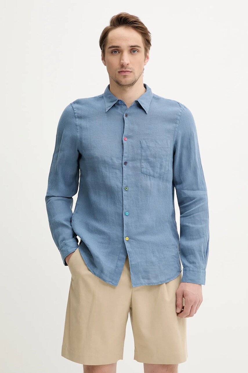Levně Lněná košile PS Paul Smith pánská, modrá barva, regular, s klasickým límcem, M2R.614PB.P22354