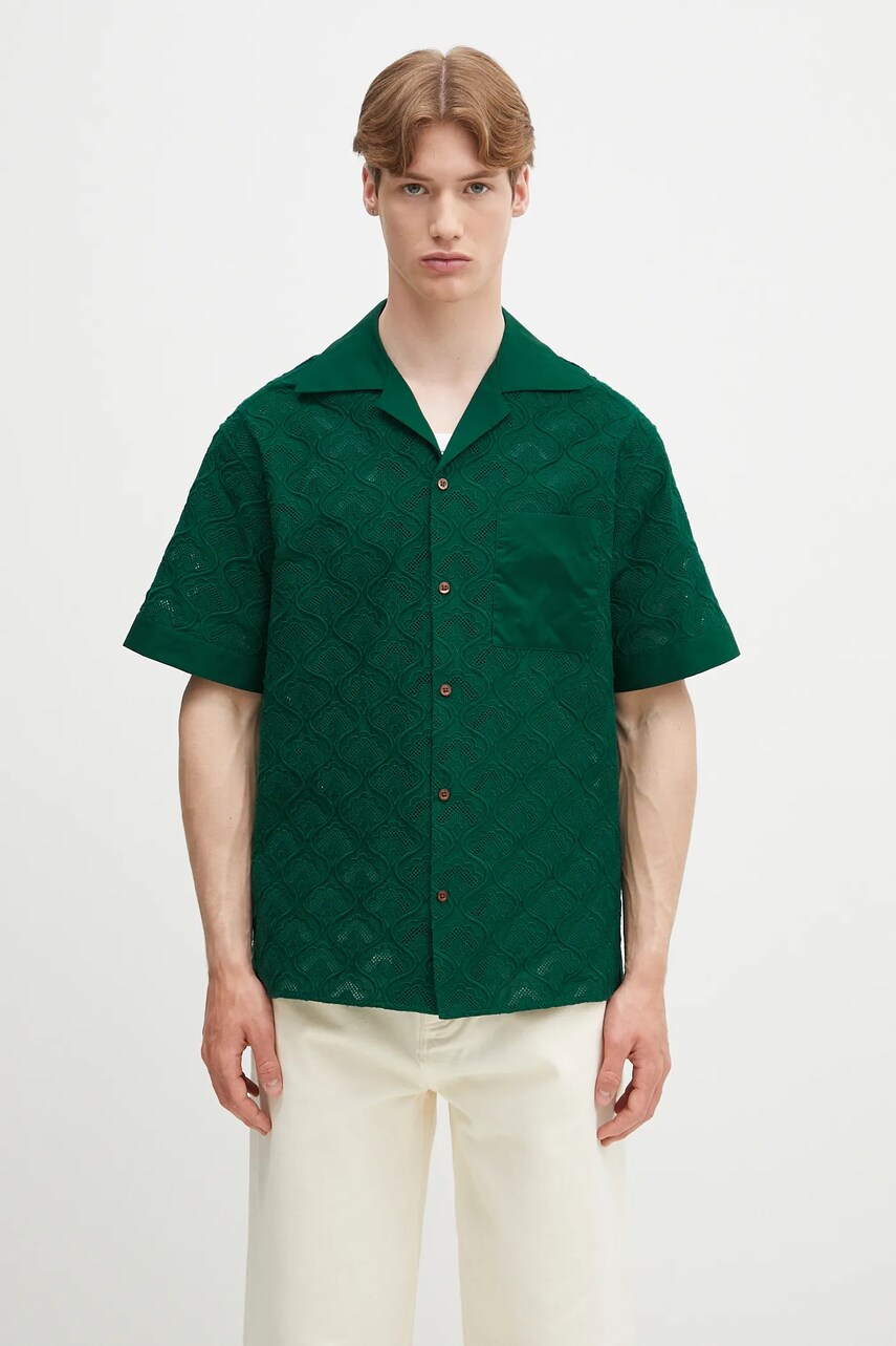 Drôle de Monsieur cămașă din bumbac La Chemise Brodee Tapisserie bărbați, culoarea verde, regular, G-SH213-CO196-DGN