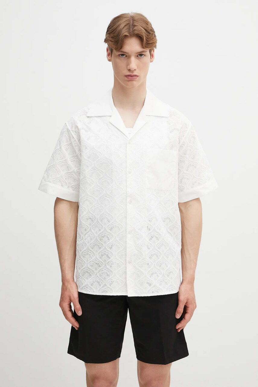 Drôle de Monsieur cămașă din bumbac La Chemise Brodee Tapisserie barbati, culoarea alb, cu guler clasic, relaxed, G-SH213-CO196-WT