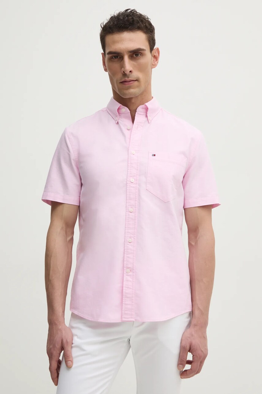 Levně Bavlněná košile Tommy Hilfiger růžová barva, regular, s límečkem button-down, MW0MW36272