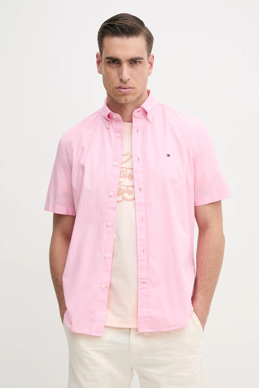 Levně Bavlněná košile Tommy Hilfiger růžová barva, regular, s klasickým límcem, MW0MW37584