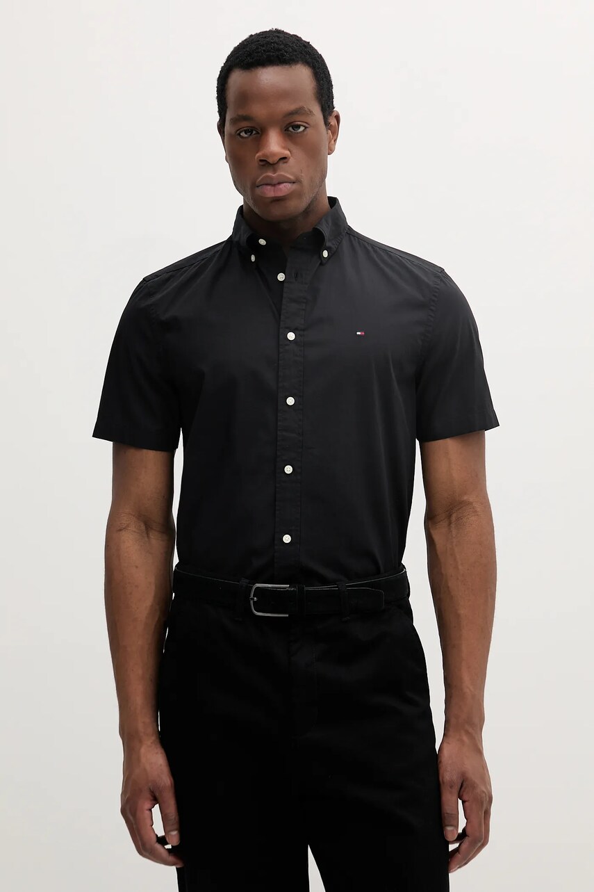 Levně Bavlněná košile Tommy Hilfiger černá barva, regular, s klasickým límcem, MW0MW37584