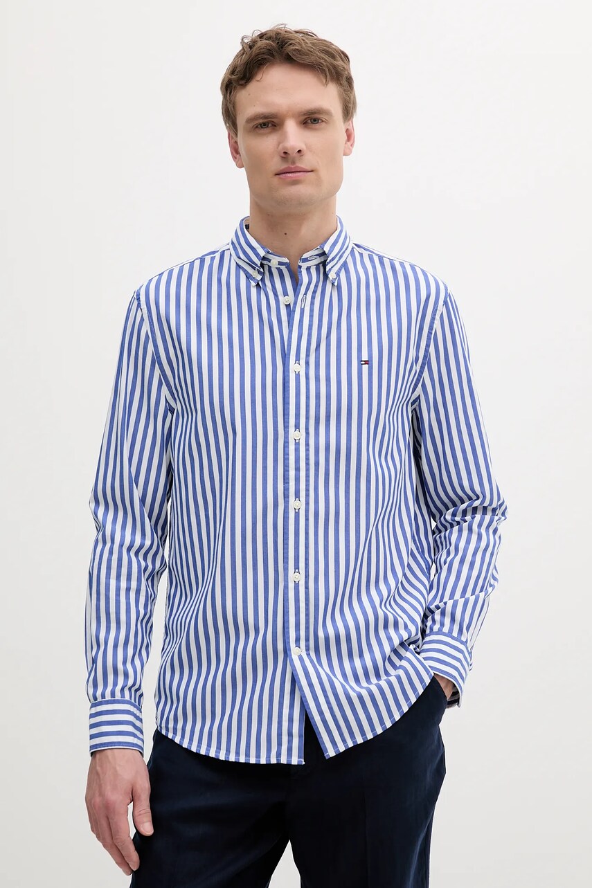 Levně Bavlněná košile Tommy Hilfiger modrá barva, slim, s límečkem button-down, MW0MW39159