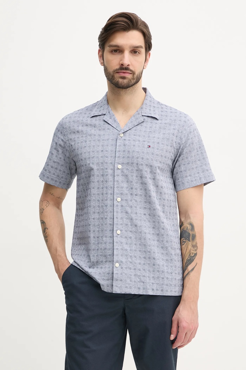 Levně Košile s příměsí lnu Tommy Hilfiger pánská, modrá barva, regular, MW0MW38564