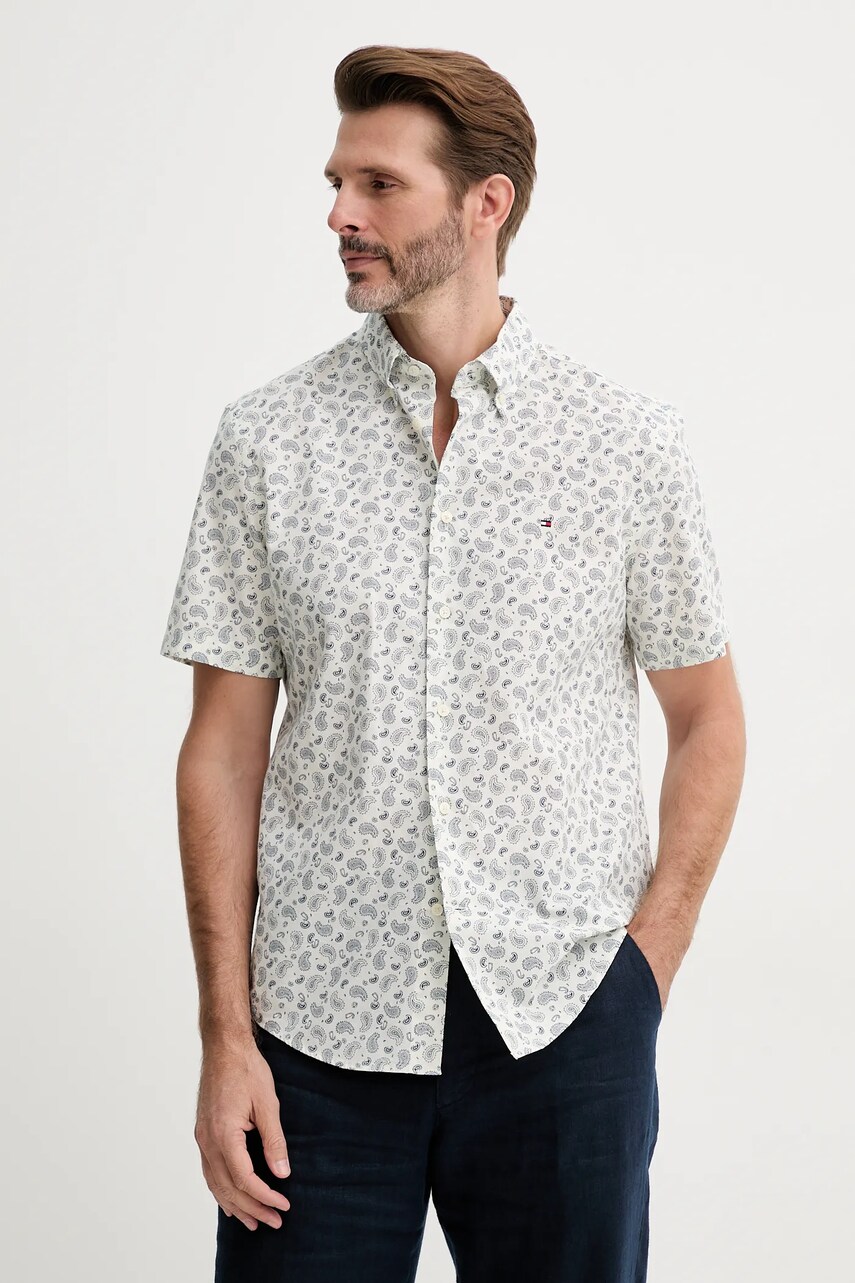 Levně Košile s příměsí lnu Tommy Hilfiger pánská, bílá barva, regular, s límečkem button-down, MW0MW38566