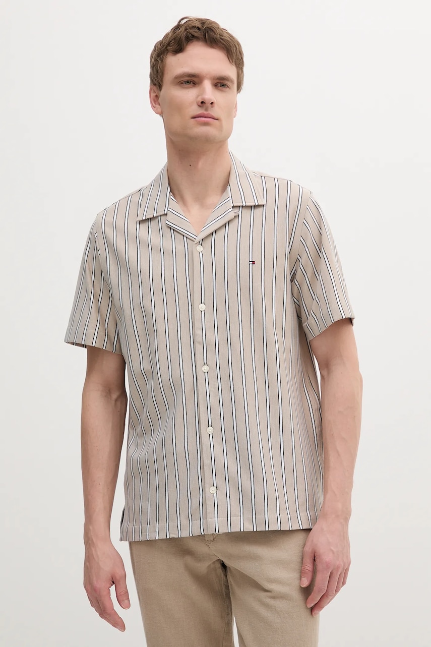 Levně Bavlněná košile Tommy Hilfiger pánská, béžová barva, regular, s klasickým límcem, MW0MW38567