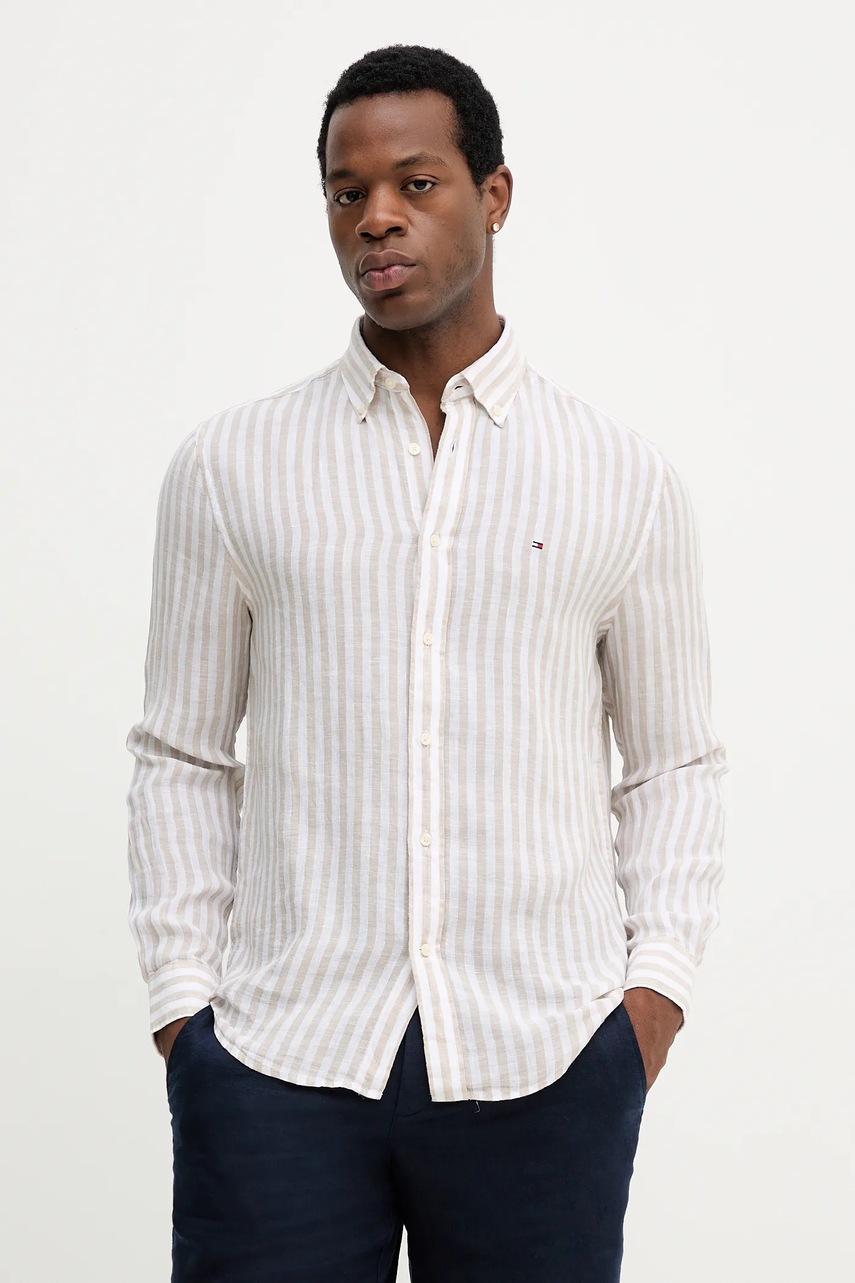 Levně Lněná košile Tommy Hilfiger pánská, béžová barva, regular, s límečkem button-down, MW0MW38581