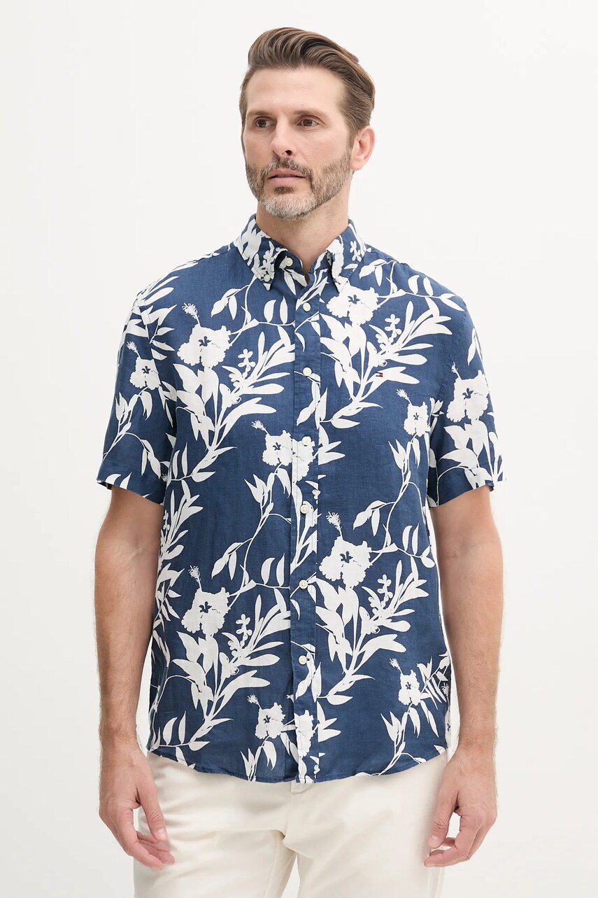 Levně Lněná košile Tommy Hilfiger pánská, tmavomodrá barva, regular, s límečkem button-down, MW0MW38586