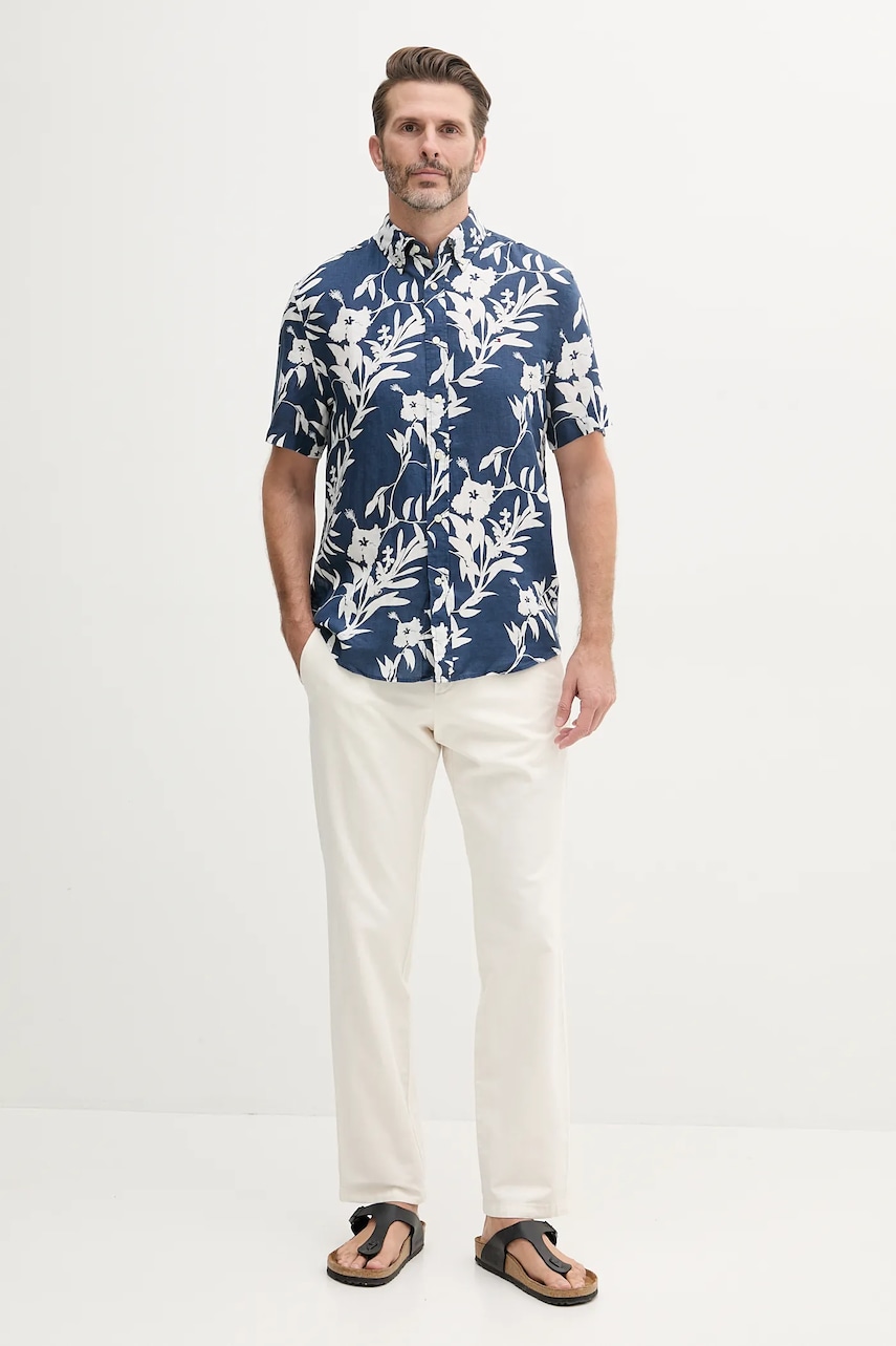 Льняная рубашка Tommy Hilfiger цвет синий regular воротник button-down MW0MW38586 Льняная рубашка Tommy Hilfiger цвет синий regular воротник button-down MW0MW38586