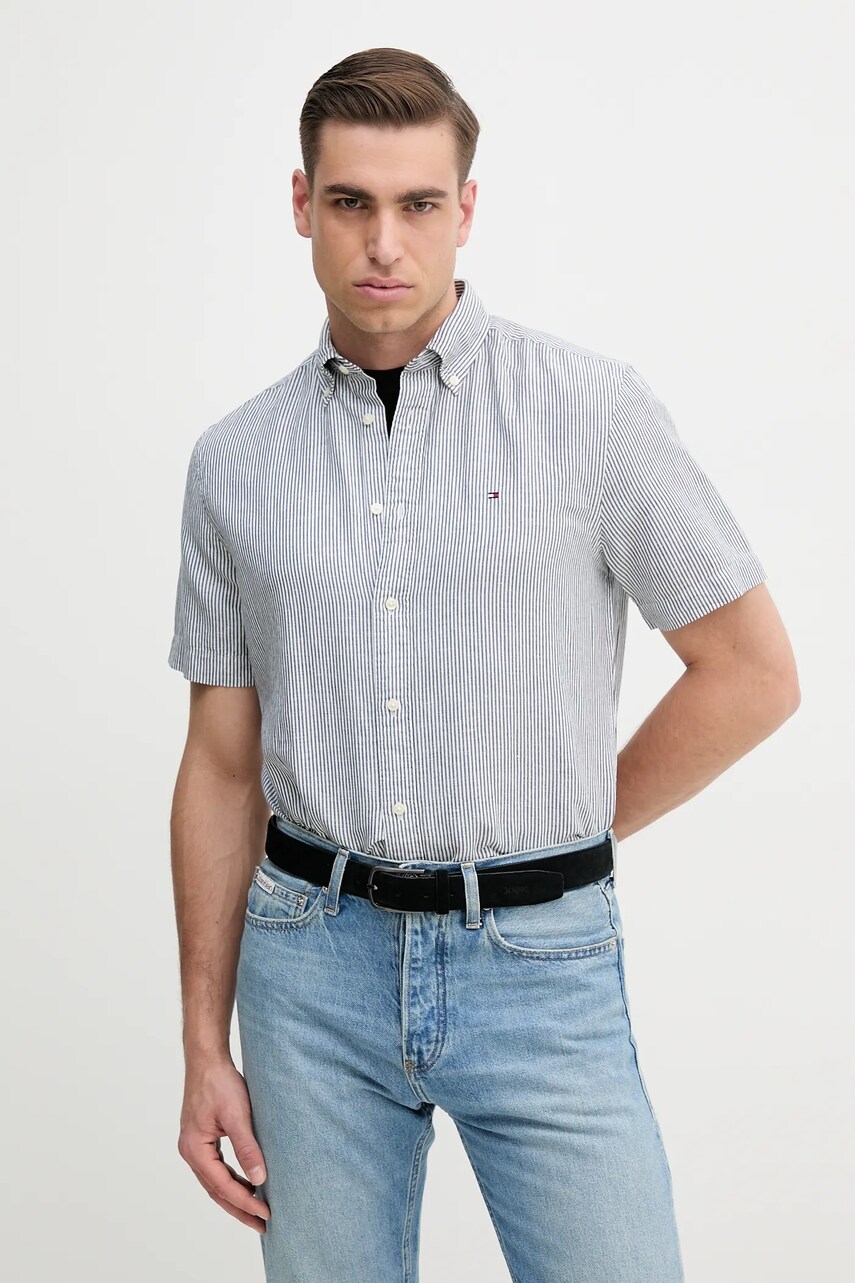 Levně Košile s příměsí lnu Tommy Hilfiger pánská, tmavomodrá barva, regular, s límečkem button-down, MW0MW39155