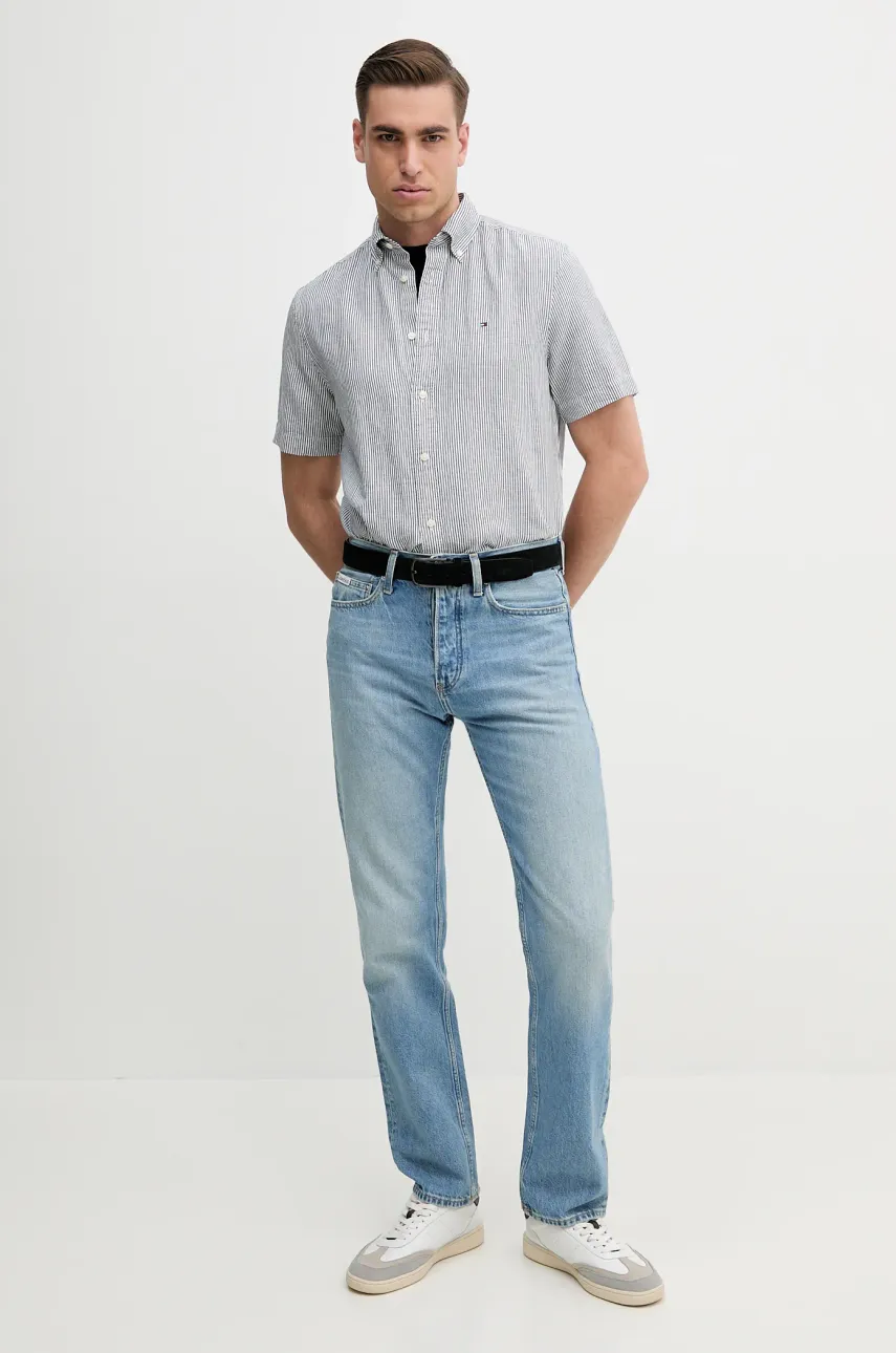 Рубашка с примесью льна Tommy Hilfiger мужская цвет синий regular воротник button-down MW0MW39155 Рубашка с примесью льна Tommy Hilfiger мужская цвет синий regular воротник button-down MW0MW39155