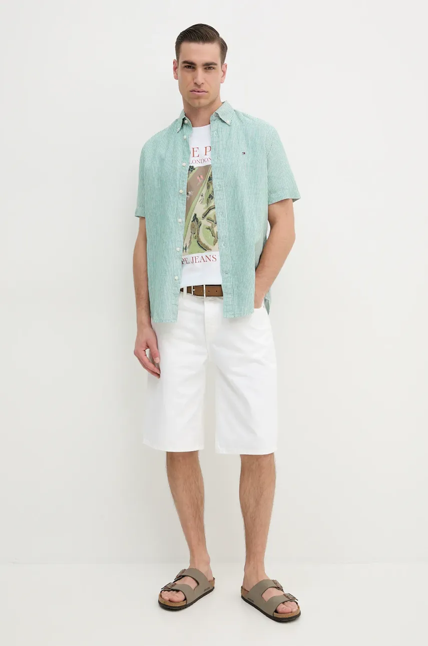 Рубашка с примесью льна Tommy Hilfiger мужская цвет зелёный regular воротник button-down MW0MW39155 Рубашка с примесью льна Tommy Hilfiger мужская цвет зелёный regular воротник button-down MW0MW39155