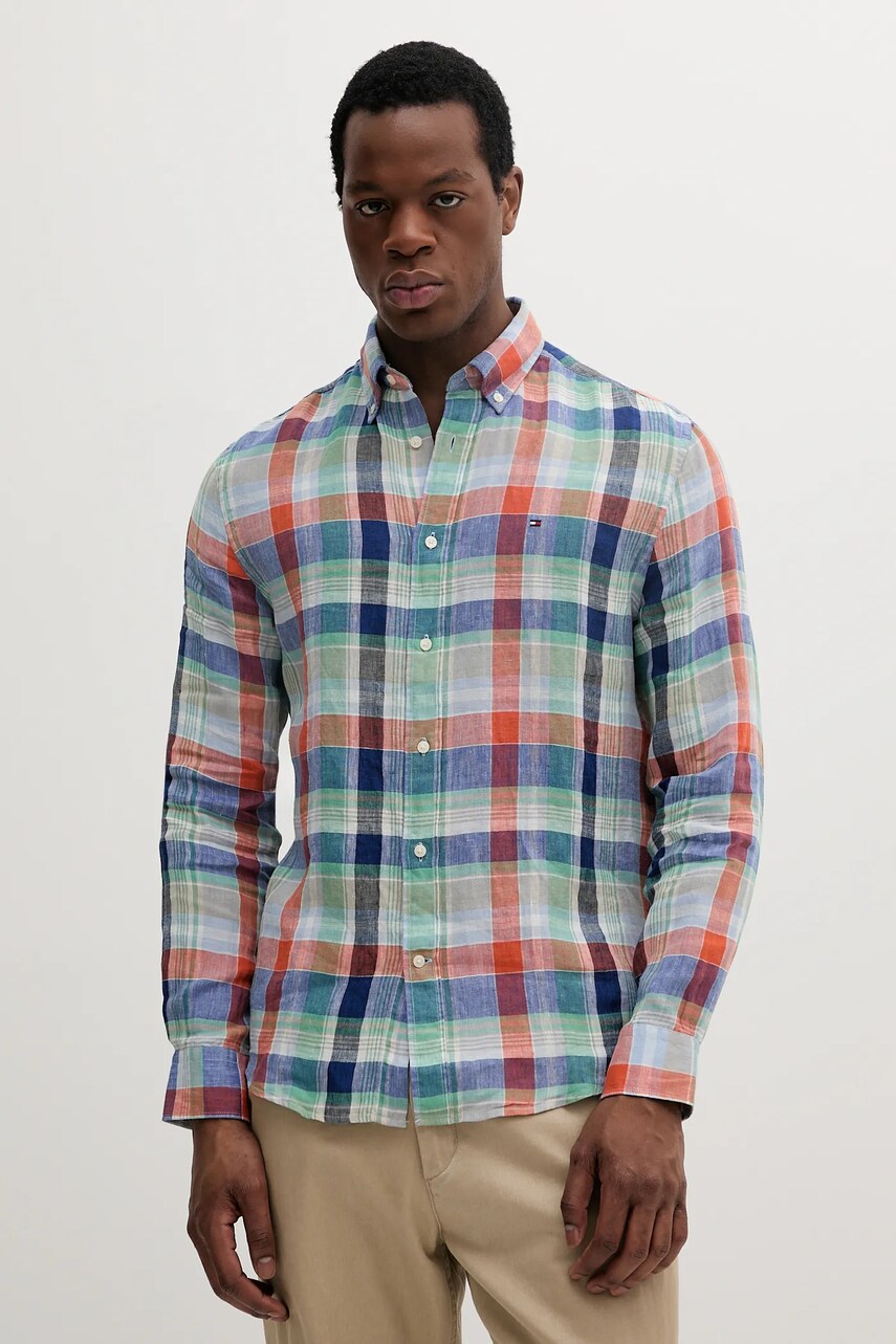 Levně Lněná košile Tommy Hilfiger pánská, tmavomodrá barva, regular, s límečkem button-down, MW0MW39166