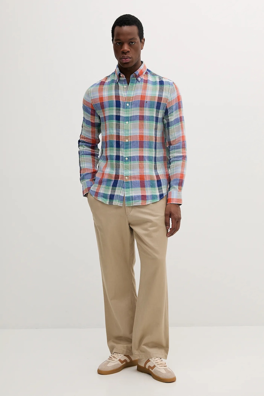 Льняная рубашка Tommy Hilfiger цвет синий regular воротник button-down MW0MW39166 Льняная рубашка Tommy Hilfiger цвет синий regular воротник button-down MW0MW39166