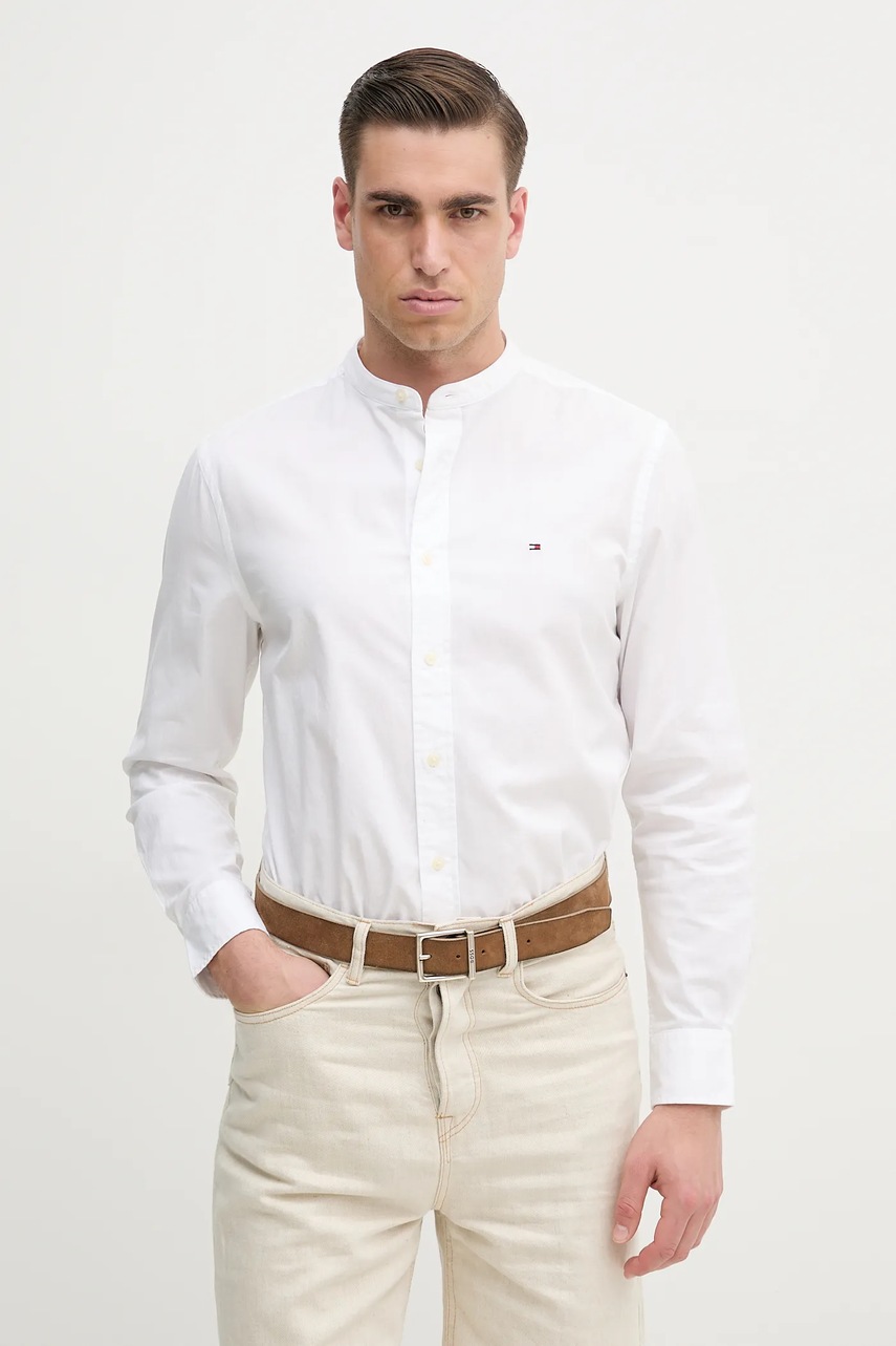 Levně Bavlněná košile Tommy Hilfiger bílá barva, regular, se stojáčkem, MW0MW39966