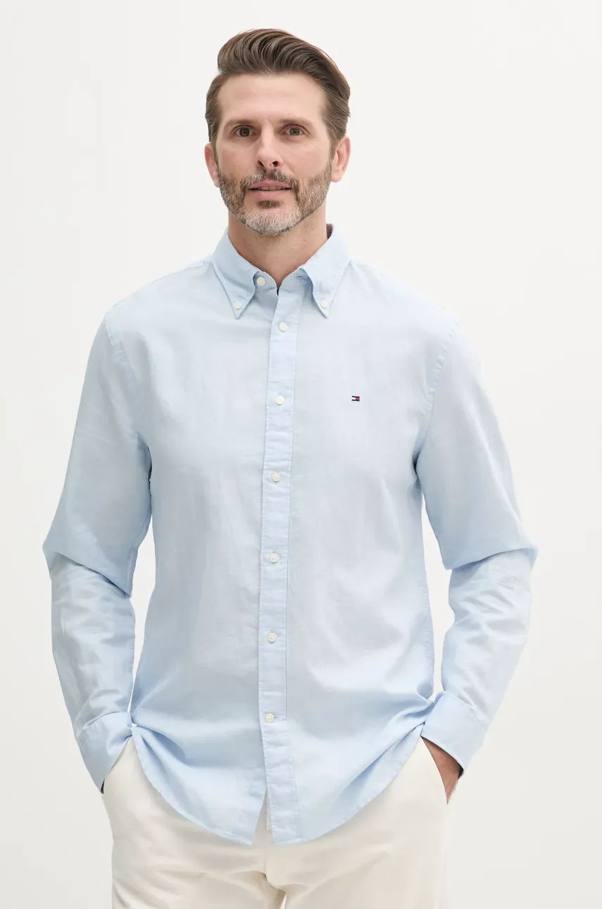 Levně Košile s příměsí lnu Tommy Hilfiger pánská, modrá barva, regular, s límečkem button-down, MW0MW40702