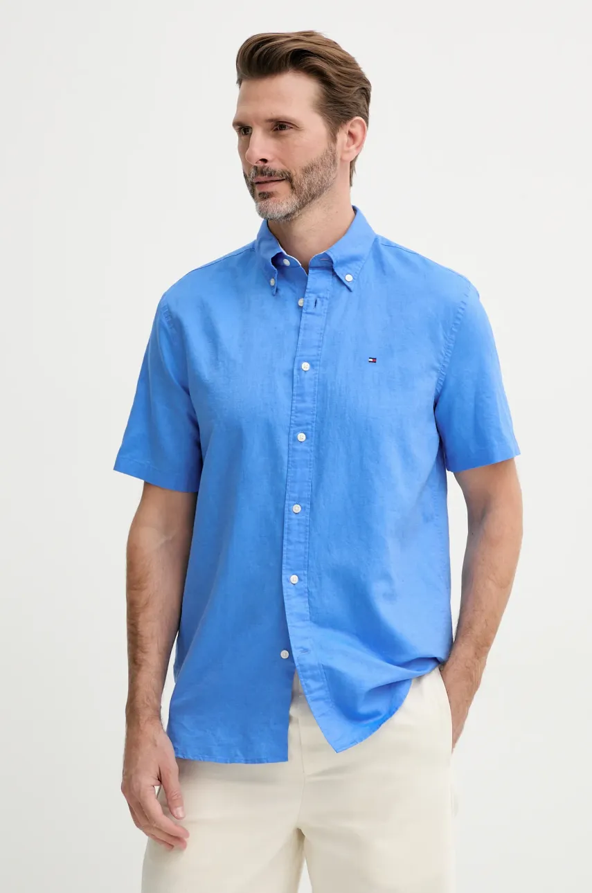 Levně Košile s příměsí lnu Tommy Hilfiger pánská, modrá barva, regular, s límečkem button-down, MW0MW40703