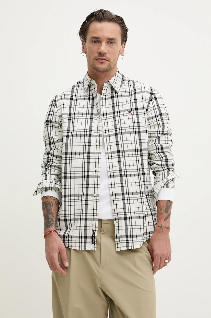 Tommy Jeans camasa din bumbac barbati, culoarea bej, cu guler clasic, regular, DM0DM20885 Tommy Jeans camasa din bumbac barbati, culoarea bej, cu guler clasic, regular, DM0DM20885