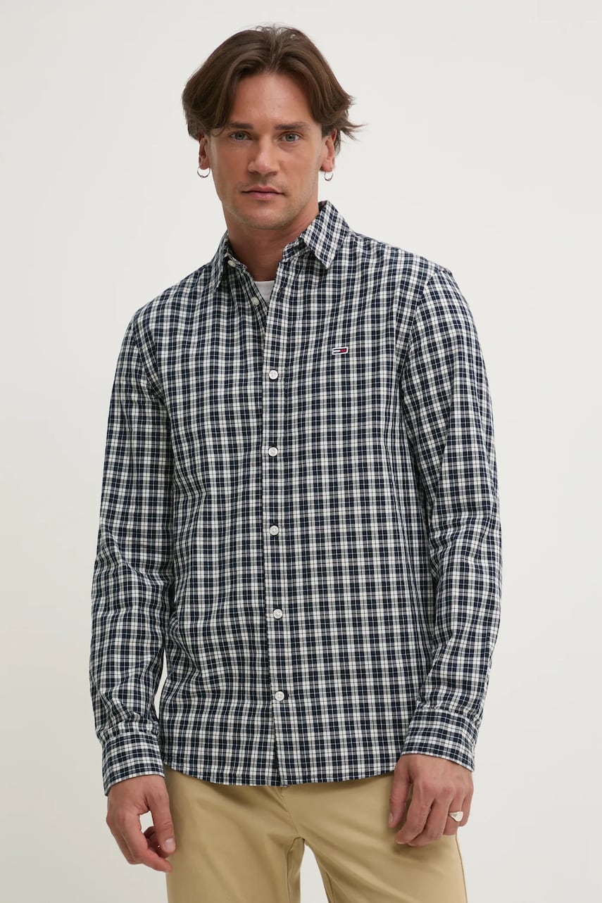 Tommy Jeans camasa din bumbac barbati, culoarea albastru marin, cu guler clasic, regular, DM0DM20885