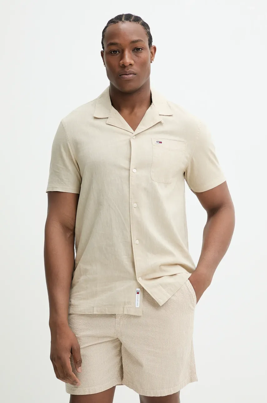 Tommy Jeans cămașă din amestec de in bărbați, culoarea bej, cu guler button-down, regular, DM0DM20895