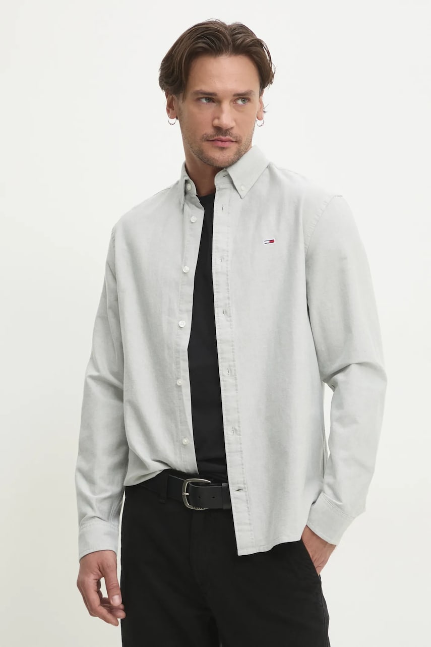 Tommy Jeans camasa din bumbac barbati, culoarea gri, cu guler button-down, regular, DM0DM21298 Tommy Jeans camasa din bumbac barbati, culoarea gri, cu guler button-down, regular, DM0DM21298
