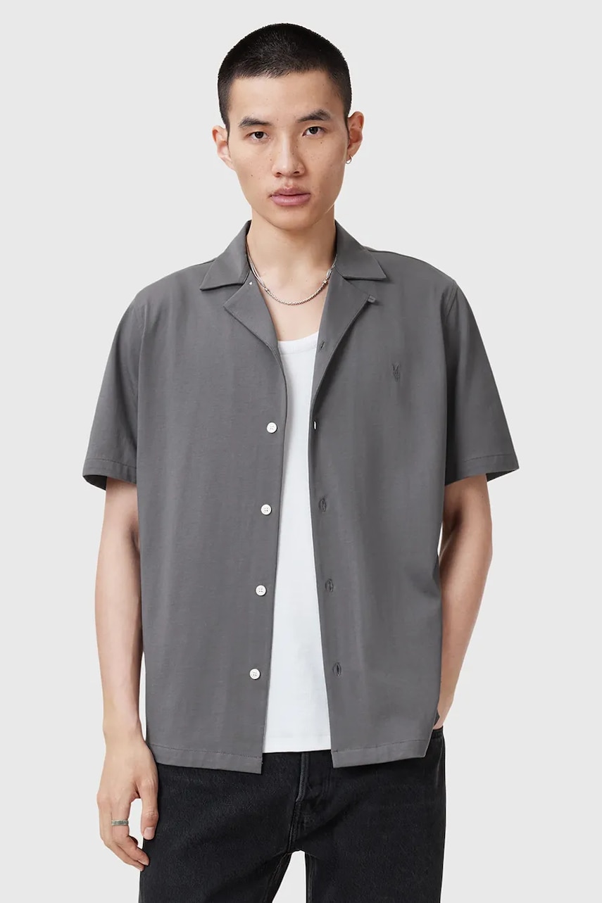 AllSaints camasa din bumbac HUDSON barbati, culoarea gri, relaxed, M081SA AllSaints camasa din bumbac HUDSON barbati, culoarea gri, relaxed, M081SA