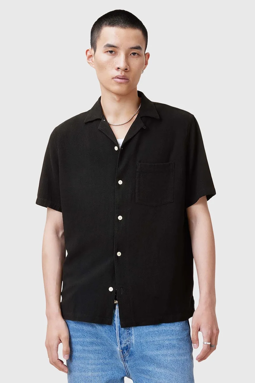 AllSaints camasa din amestec de in CUDI barbati, culoarea negru, regular, M052SC AllSaints camasa din amestec de in CUDI barbati, culoarea negru, regular, M052SC