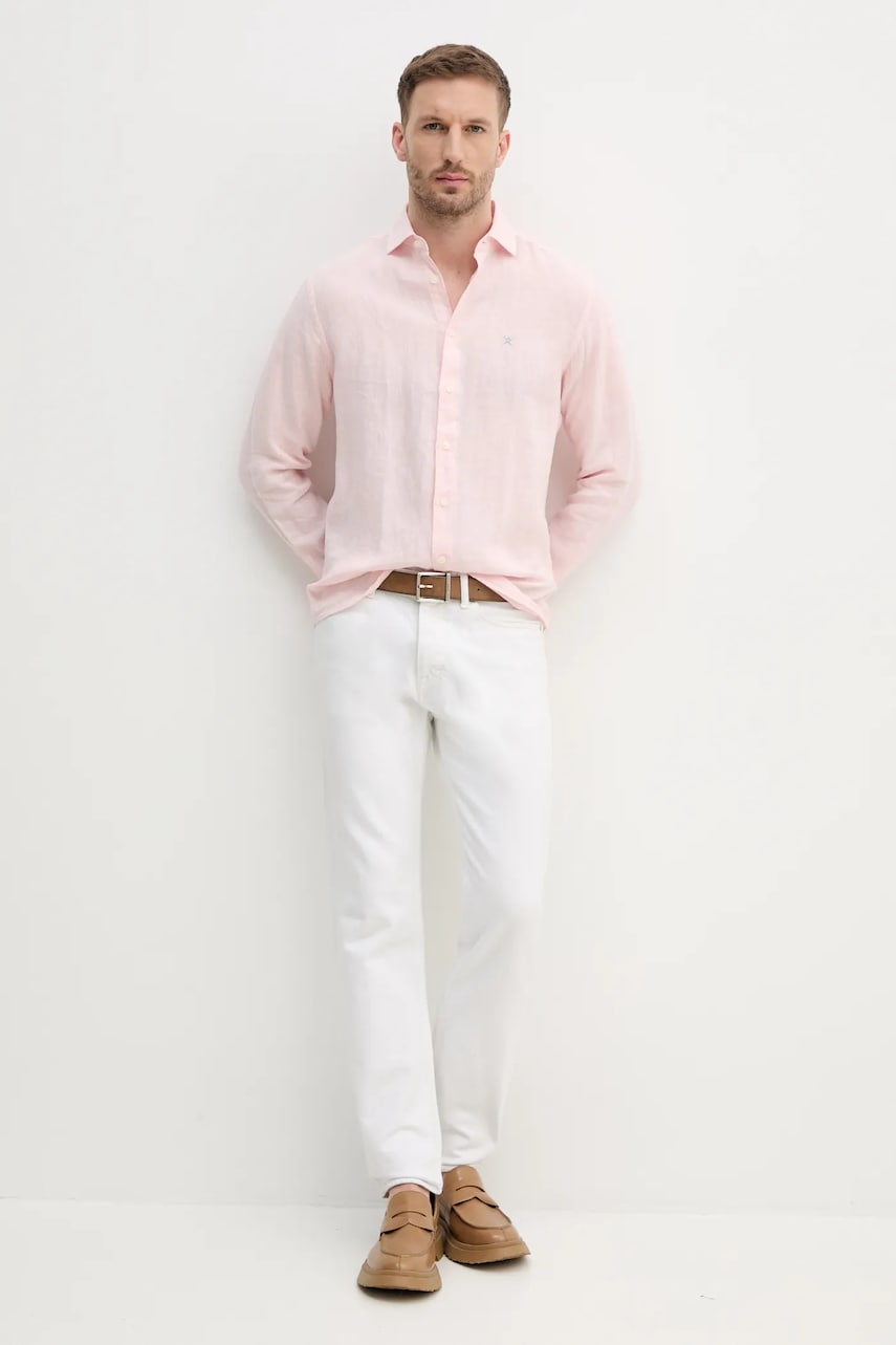 Льняная рубашка Hackett London мужская цвет розовый regular классический воротник HM3010266 Льняная рубашка Hackett London мужская цвет розовый regular классический воротник HM3010266
