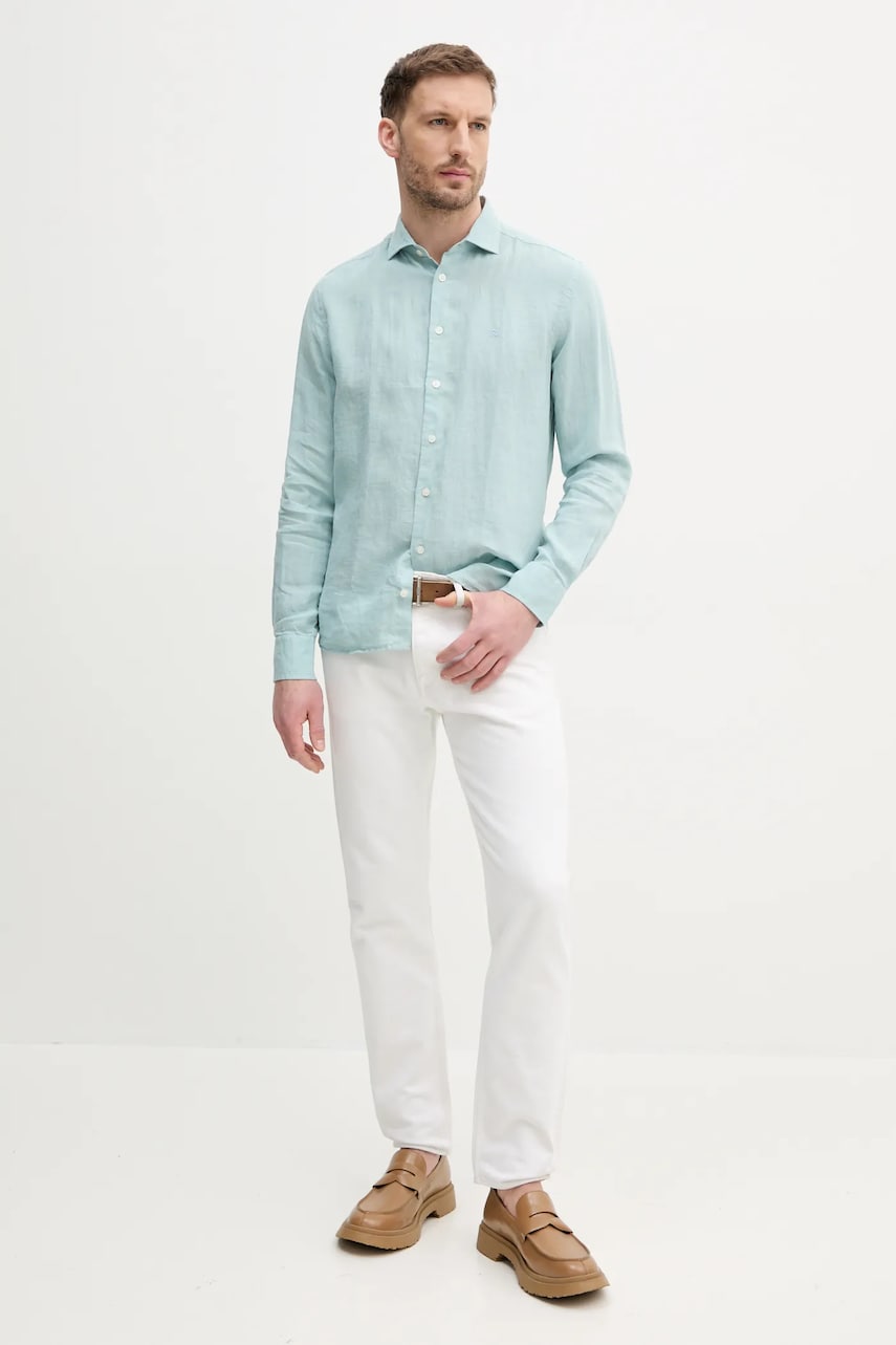 Льняная рубашка Hackett London мужская цвет бирюзовый regular классический воротник HM3010266 Льняная рубашка Hackett London мужская цвет бирюзовый regular классический воротник HM3010266