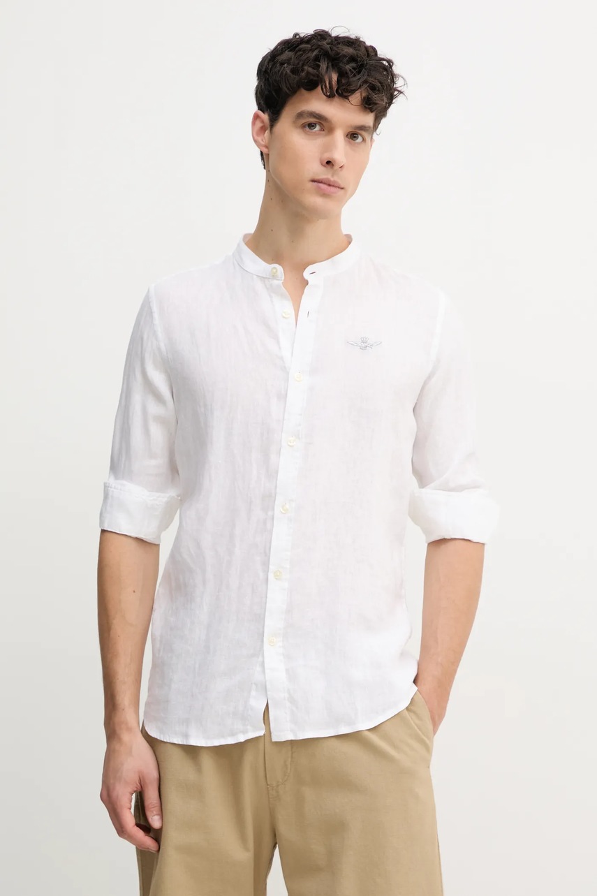 Aeronautica Militare camasa de in barbati, culoarea alb, cu guler stand-up, regular, CA1272CT3089