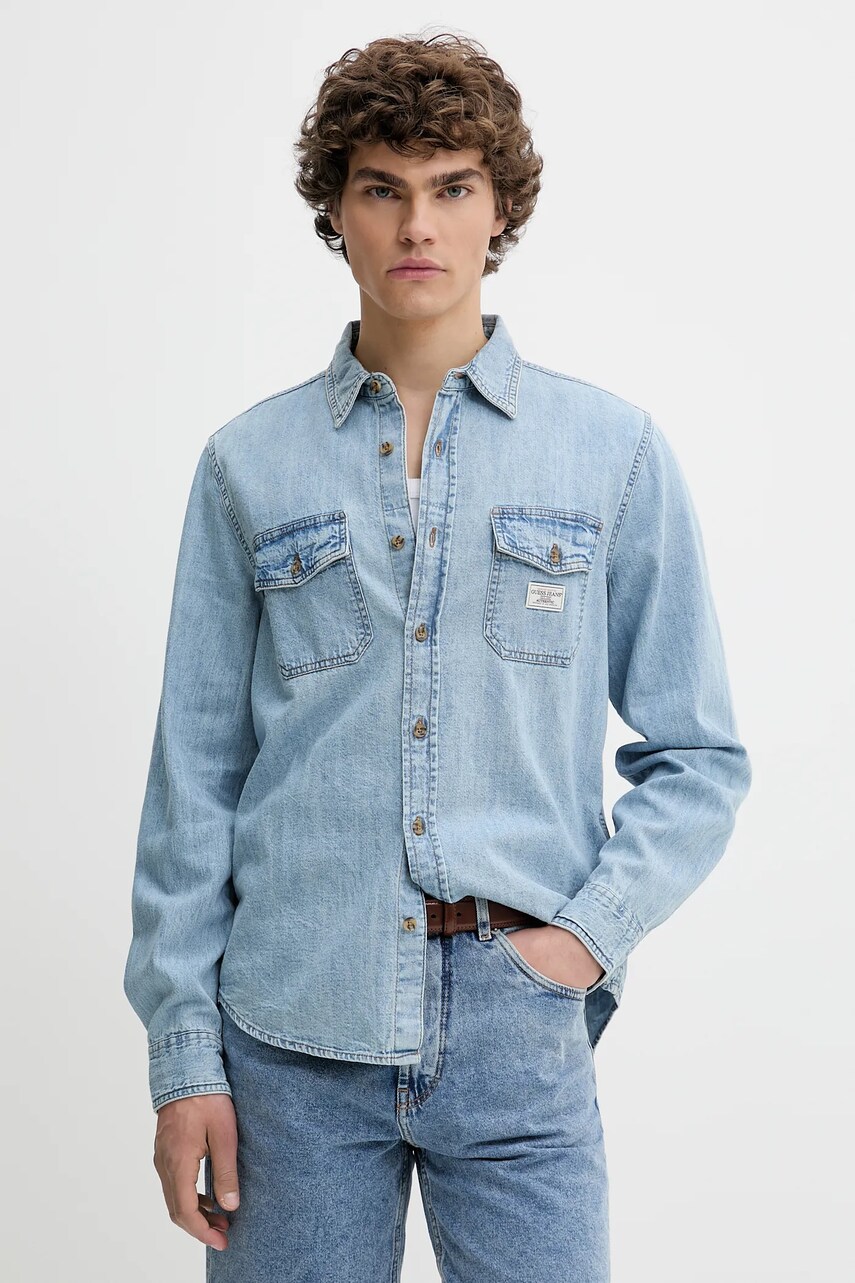 Levně Bavlněná košile Guess Jeans pánská, modrá barva, regular, s klasickým límcem, M5GH56 D5M82