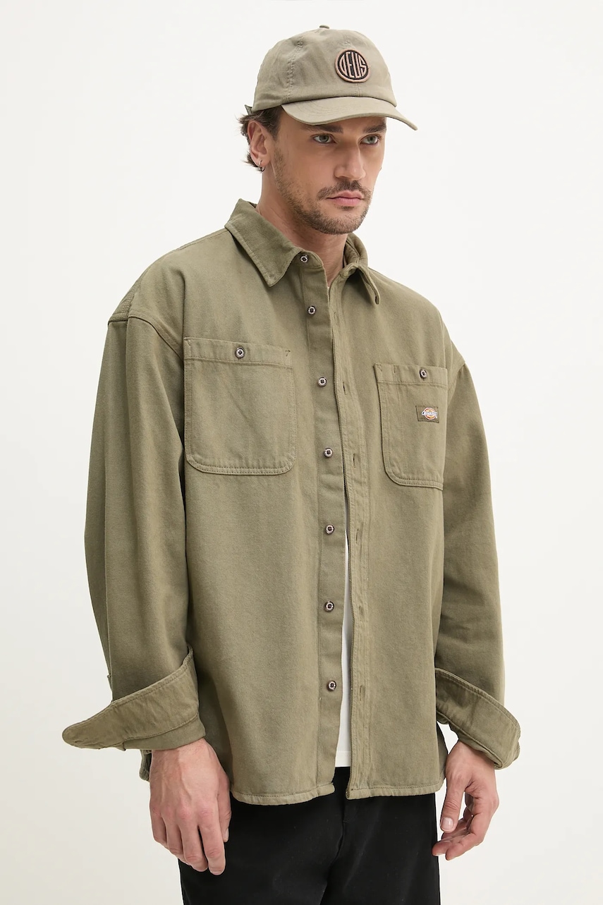 Dickies cămașă din bumbac bărbați, culoarea verde, cu guler clasic, relaxed, DK0A4YF5MGR1 Dickies cămașă din bumbac bărbați, culoarea verde, cu guler clasic, relaxed, DK0A4YF5MGR1