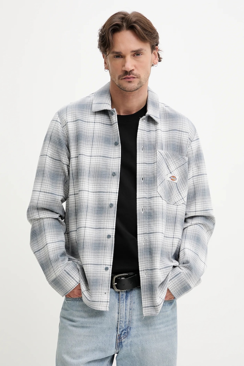 Dickies camasa din bumbac barbati, culoarea gri, cu guler clasic, relaxed, DK0A8653G701 Dickies camasa din bumbac barbati, culoarea gri, cu guler clasic, relaxed, DK0A8653G701