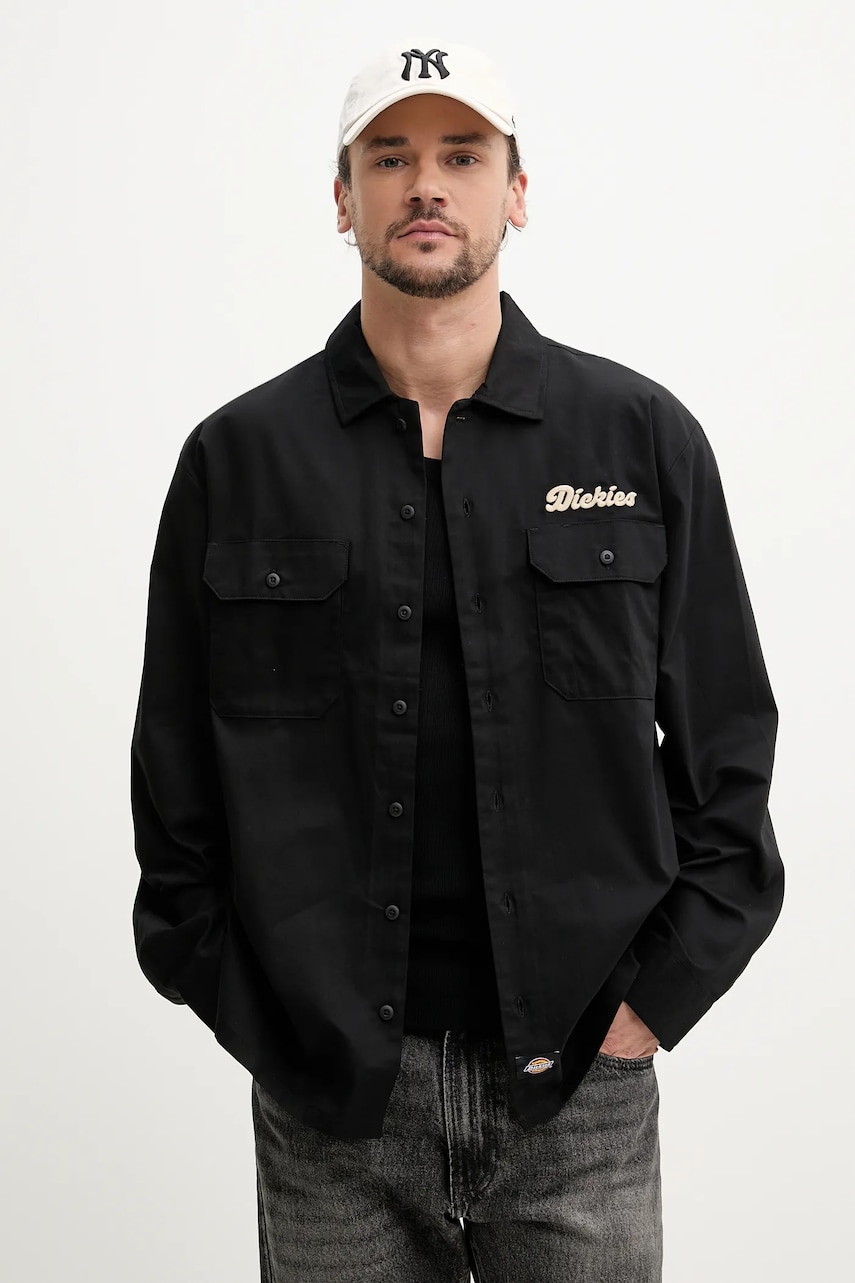 Dickies camasa din bumbac barbati, culoarea negru, cu guler clasic, relaxed, DK0A4Z7PBLK1 Dickies camasa din bumbac barbati, culoarea negru, cu guler clasic, relaxed, DK0A4Z7PBLK1
