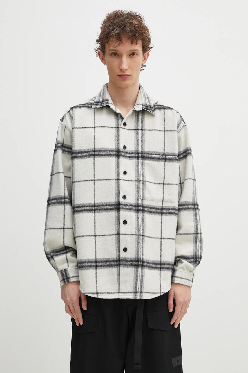 MKI MIYUKI ZOKU camasa din lana Check Flannel Shirt barbati, culoarea bej, cu guler clasic, relaxed, CHECK.FLANNEL.SHIRT.OFF