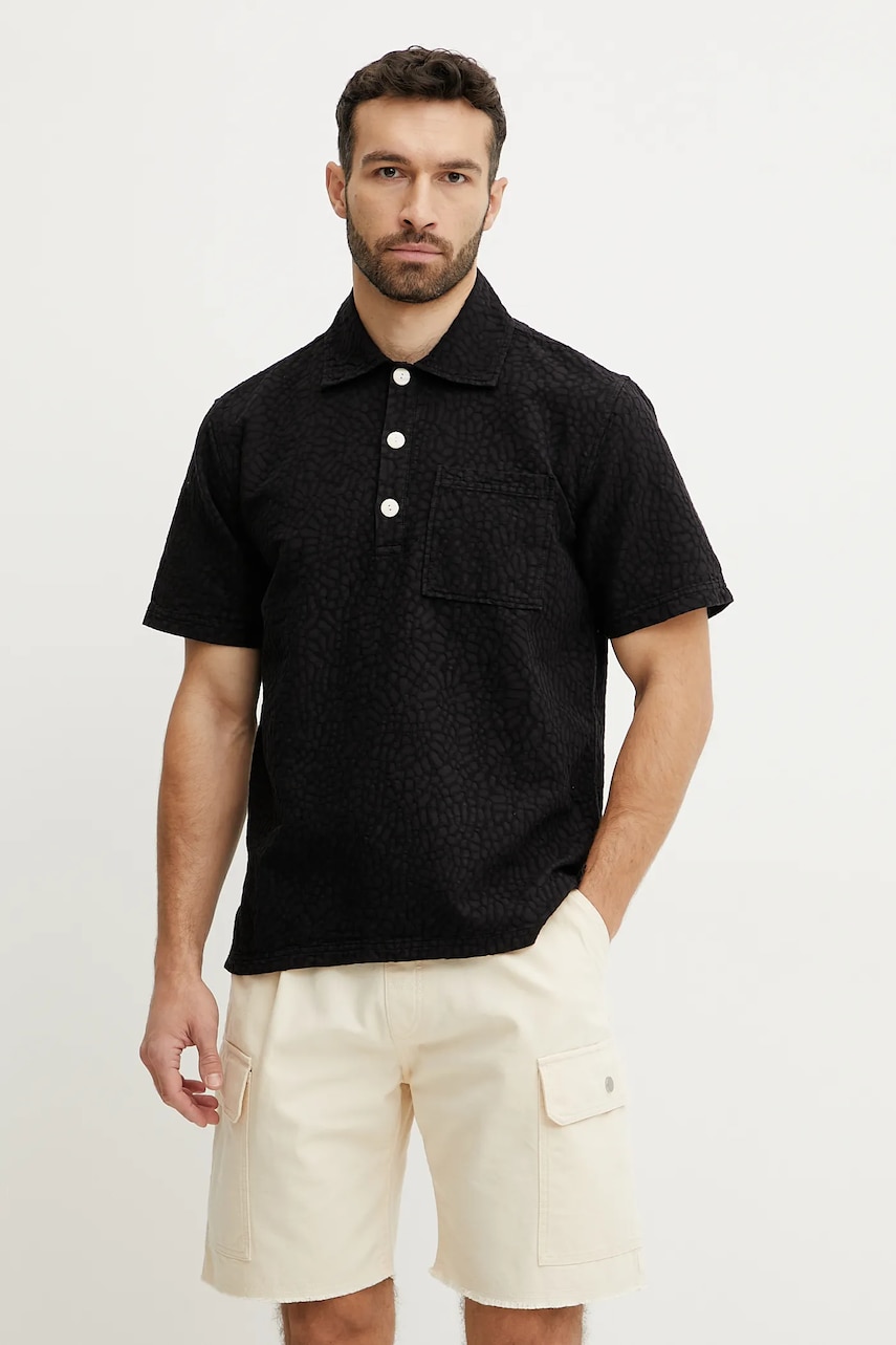 OAS camasa din bumbac barbati, culoarea negru, cu guler clasic, relaxed, 7106