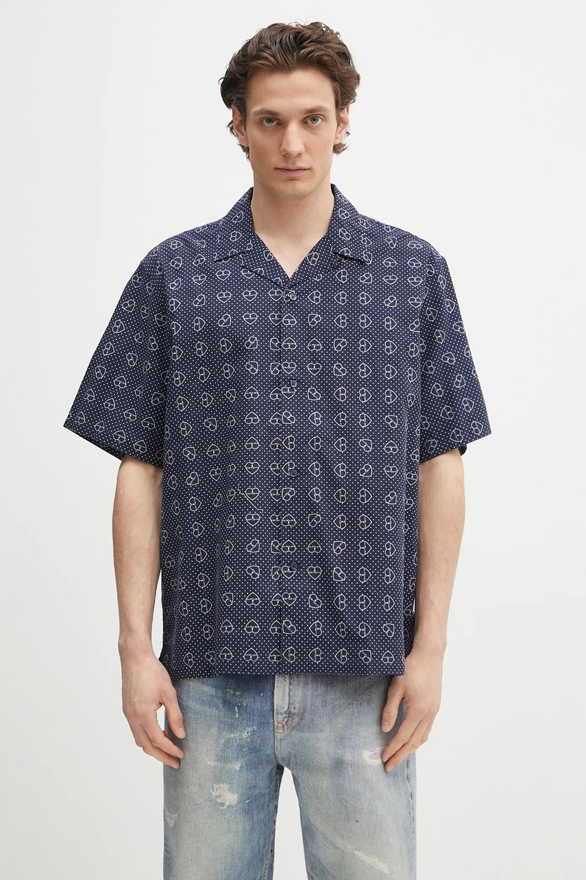 Bavlněná košile Carhartt WIP S/S Furoshiki Shirt pánská, tmavomodrá barva, relaxed, s klasickým límcem, I034549