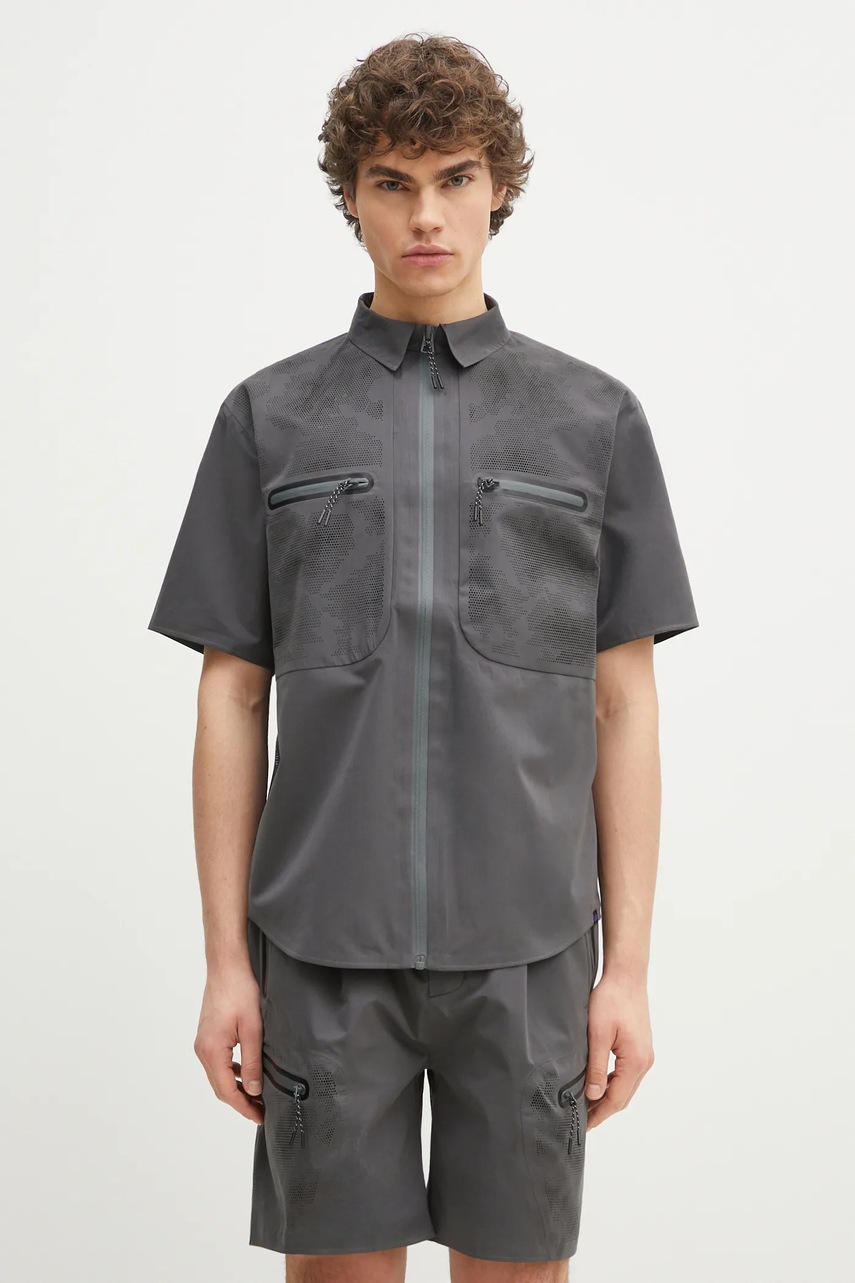 Košile Alpha Industries Short Sleeve Laser Cut Shirt pánská, šedá barva, regular, s klasickým límcem, 756122.747