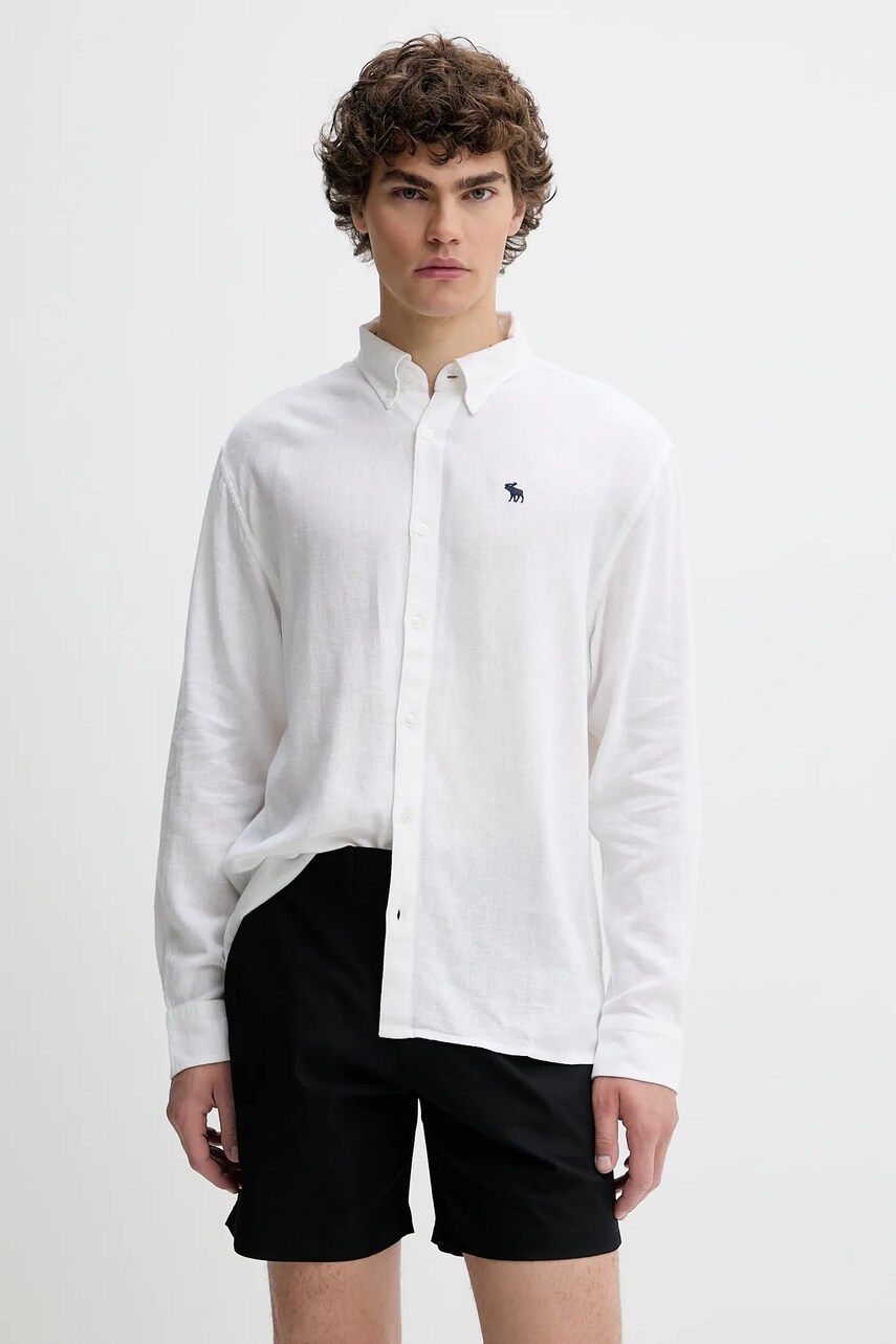 Levně Lněná košile Abercrombie & Fitch pánská, bílá barva, regular, s límečkem button-down, KI125-5085