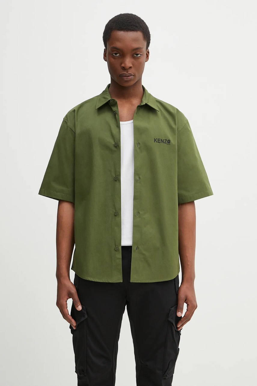 Kenzo cămașă din bumbac bărbați, culoarea verde, cu guler clasic, relaxed, FF55CH1299LP.50