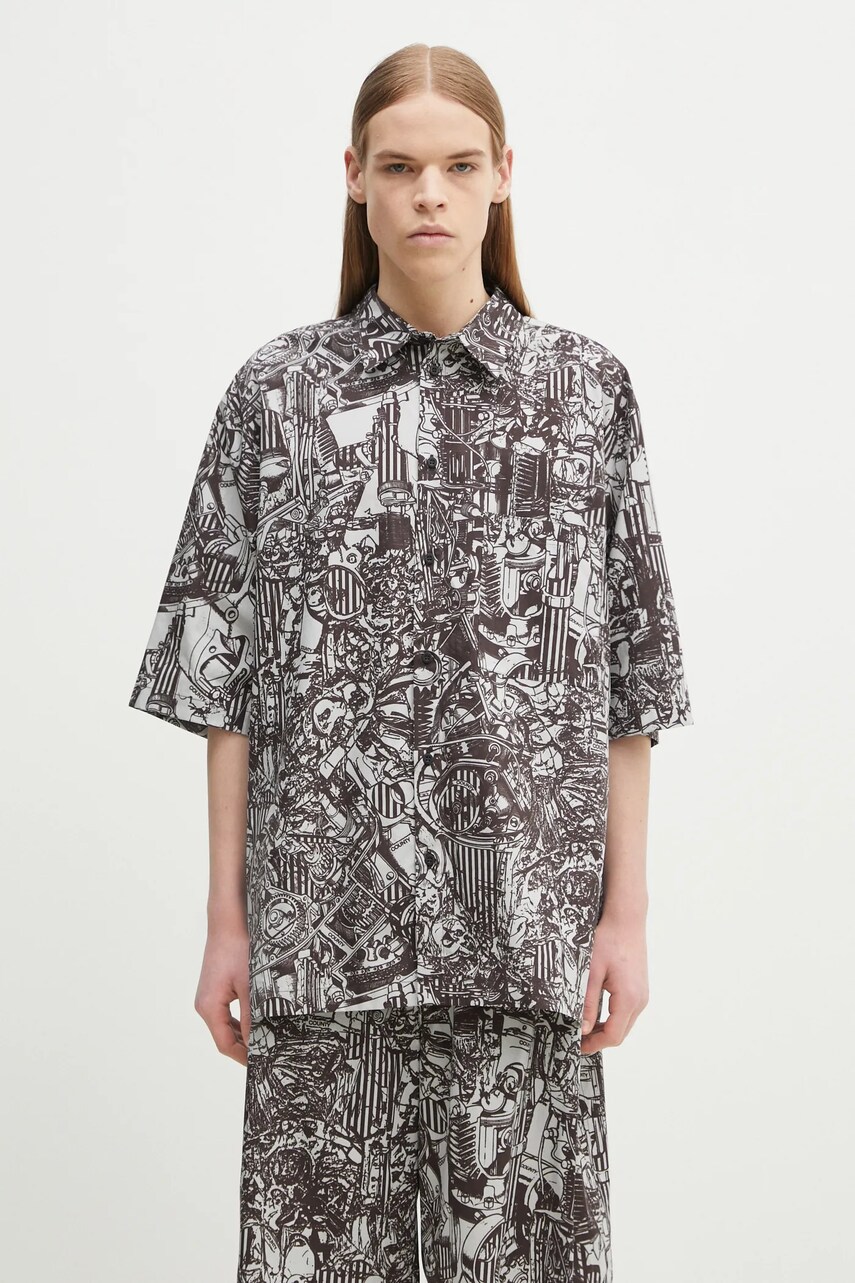 Marcelo Burlon camasa din bumbac Aop Mech Bowling Shirt Dark Grey Medium barbati, culoarea gri, cu guler clasic, relaxed, CMGG002S25FAB0010706