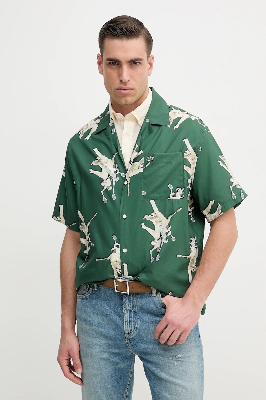 Lacoste cămașă bărbați, culoarea verde, cu guler clasic, relaxed, CH0113