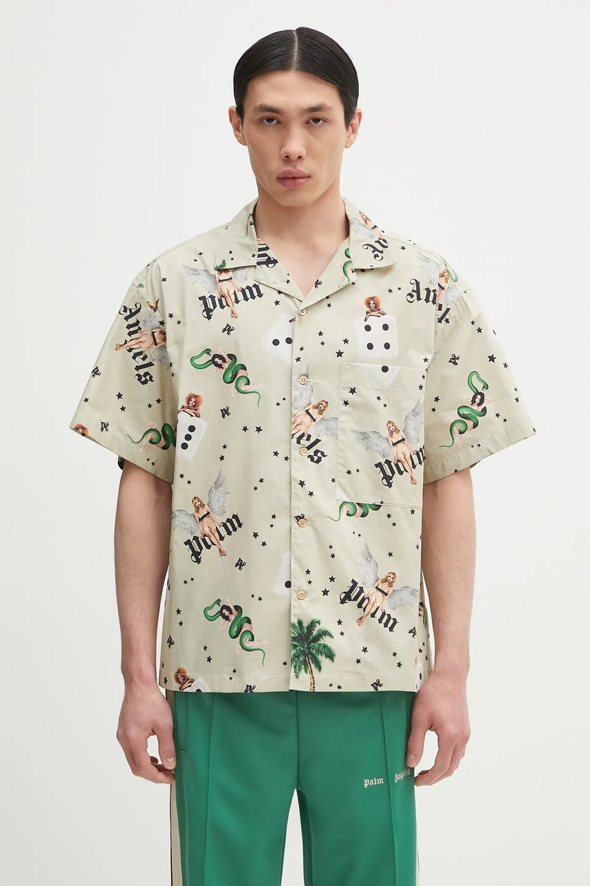 Bavlněná košile Palm Angels Pin Up Bowling pánská, zelená barva, relaxed, PMGG00AS25FAB0050B84