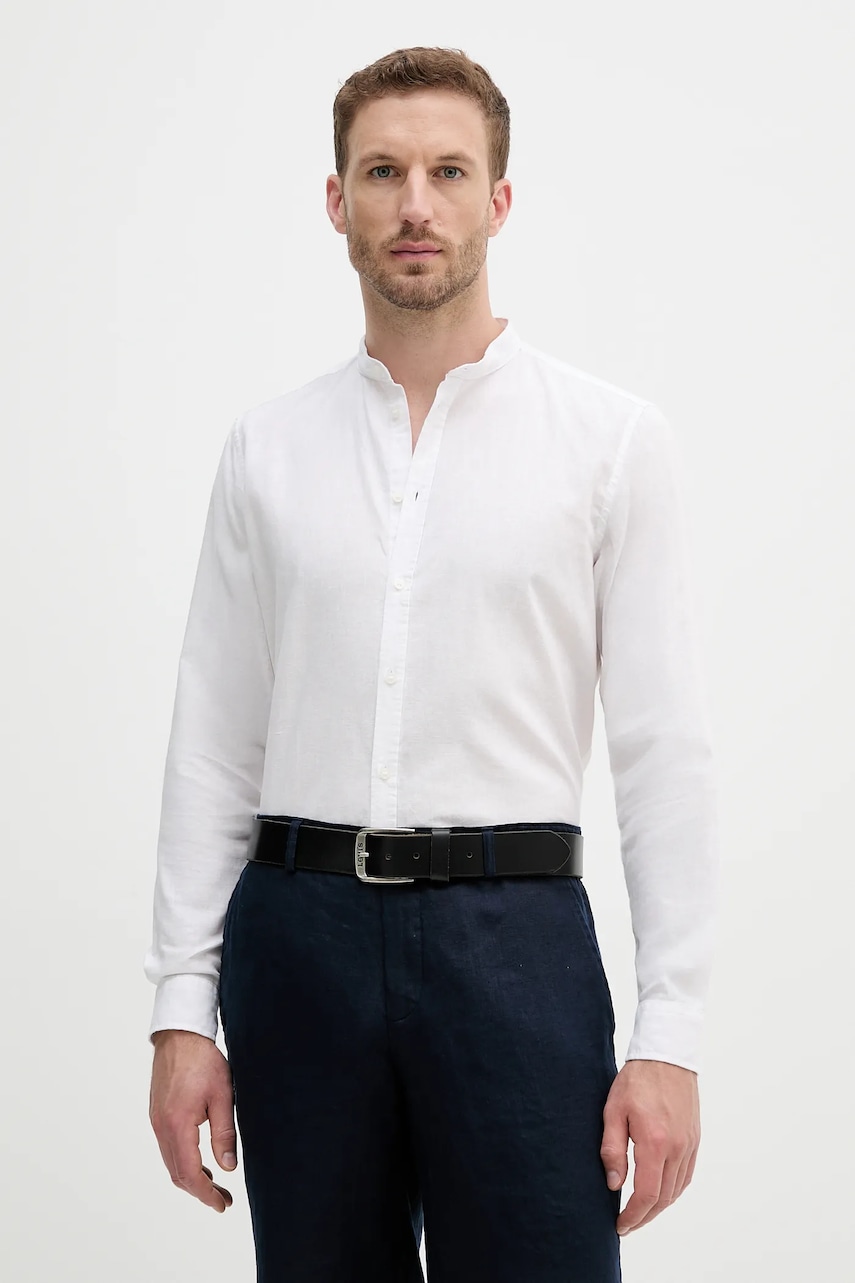Sisley cămașă de in culoarea alb, cu guler stand-up, regular, 51FCSQ03J